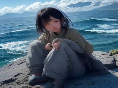 兔子角色站在山间小路眺望云海的旅拍手记插画，光线柔和意境开阔