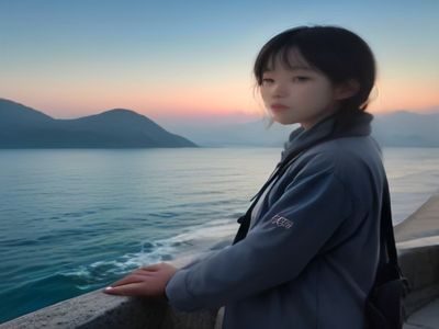 兔子角色站在山间小路眺望云海的旅拍手记插画,光线柔和意境开阔